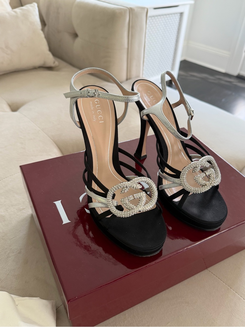 Gucci Black Satin Crystal Double G Ankle-Strap Sandals with Silver Straps - Picture 2 of 8